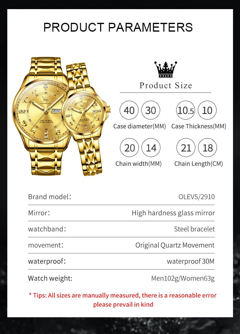 OLEVS 2910 Watch For Men Women Luxury Quartz Couple Watches Waterproof Stainless Steel Hand Clock Diamond Number Dial Wristwatch