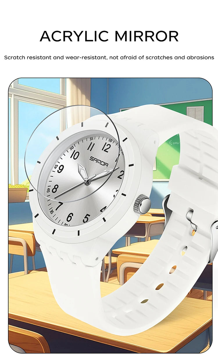 SANDA 9075 Casual Student Quartz Watch Simple Waterproof Silicone Strap Night Light Fashion Girls and Boys Watch Simple Daily