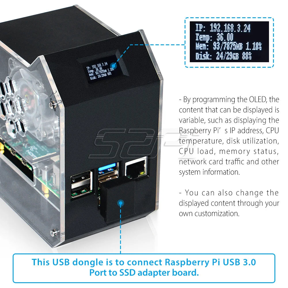 52Pi Raspberry Pi 4 Model B ABS Mini Tower NAS Kit with Ice Tower 0.96 Screen Dispaly for Raspberry Pi 4B
