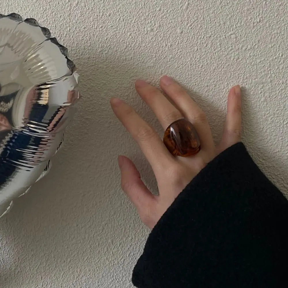 New Geometric Wide Face Chunky Ring Vintage Women Large Finger Rings Resin Amber Color Punk Jewelry