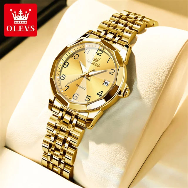 OLEVS 9970 Luxury Couple Watch Men Women Stainless Steel Waterproof Calendar Wristwatch Digital Dial Rhombus Mirror Lovers Watch