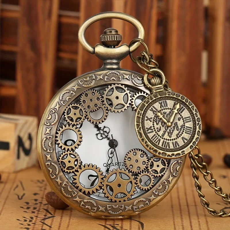 Retro Bronze Hollow Gear Carved Quartz Pocket Watch Necklace Pendant Clock Chain Memorial Gift for Men Women Reloj Hombre
