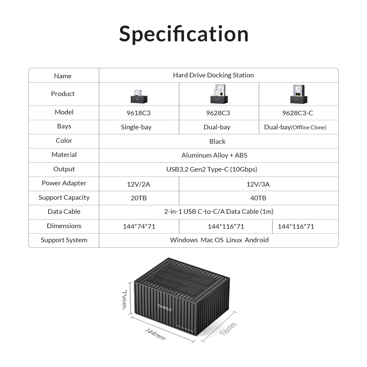 ORICO 3.5 Inch Dual-bay Type-C 5Gbps Hard Drive Docking Station for 2.5/3.5" HDD/SSD with 12V3A Power UASP Container Design