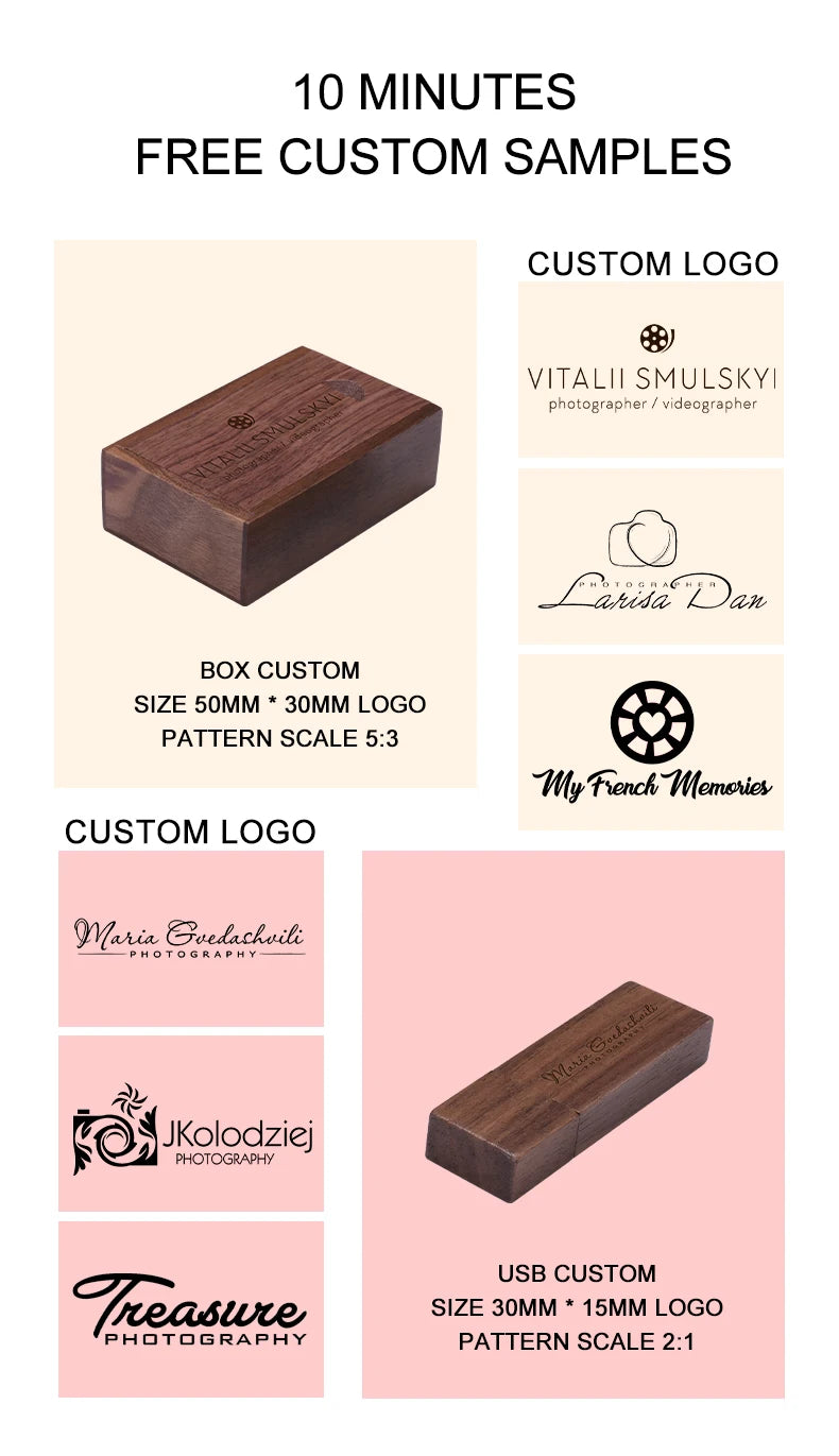 JASTER Free custom logo Photography wooden with box USB 2.0 Flash Drives64GB 32GB 16GB 8GB 4GB Memory stick Business gift U disk