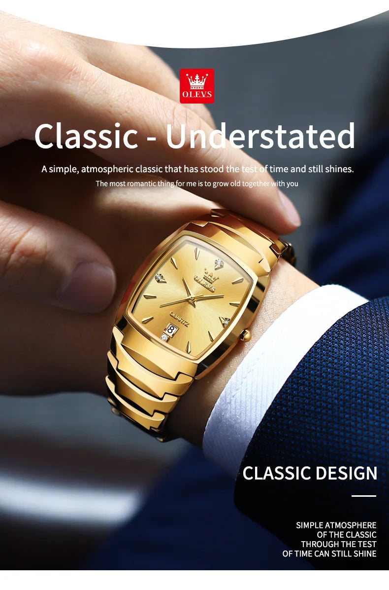 OLEVS 7006 Tonneau Tungsten Steel Couple Watch for Men Women Luxury Brand Quartz Lover's Watch His or Hers Waterproof Wristwatch