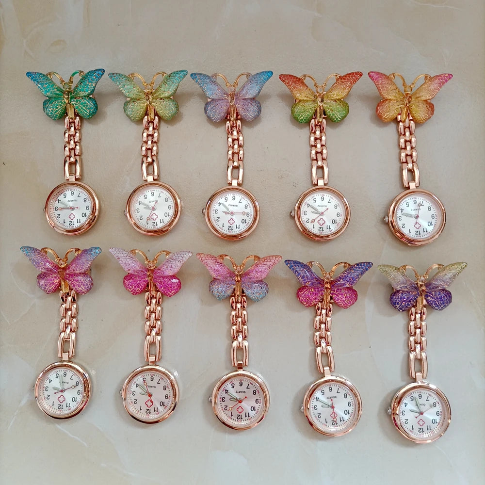 Colourful Resin Butterfly Rose Gold Alloy Small Pins Pocket Watches Nurse Doctor Hospital Medial Transparent Gift Watches Clock