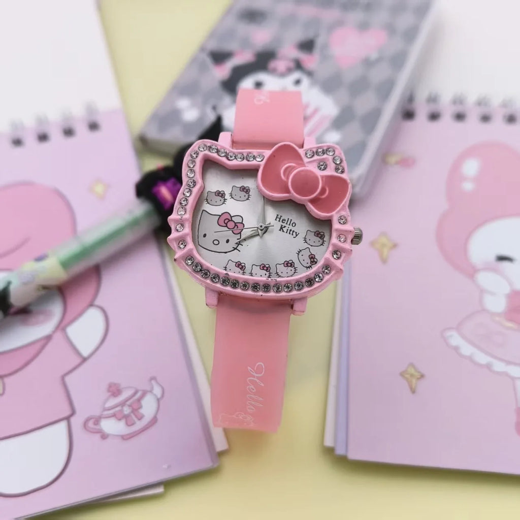 Cartoon Hello Kitty Electronic Watch Children's Cat Head Watch Bow Quartz Student Party Kids Girls Gifts Birthday Present