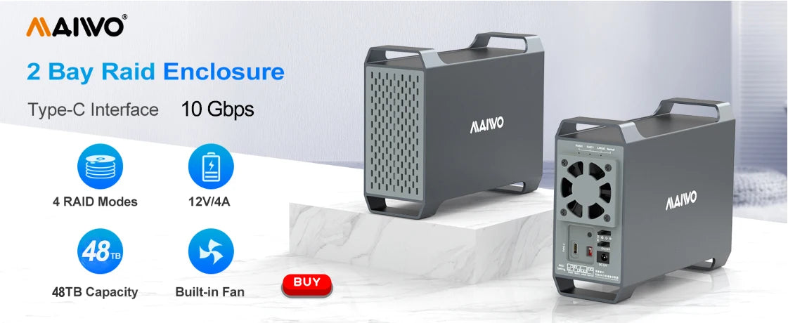 MAIWO 3.5" Dual Bay SATA HDD Hard Drive Enclosure with Cooling Fan for 4 Raid Modes USB 3.0 5Gbps 48TB Capacity Aluminum Alloy