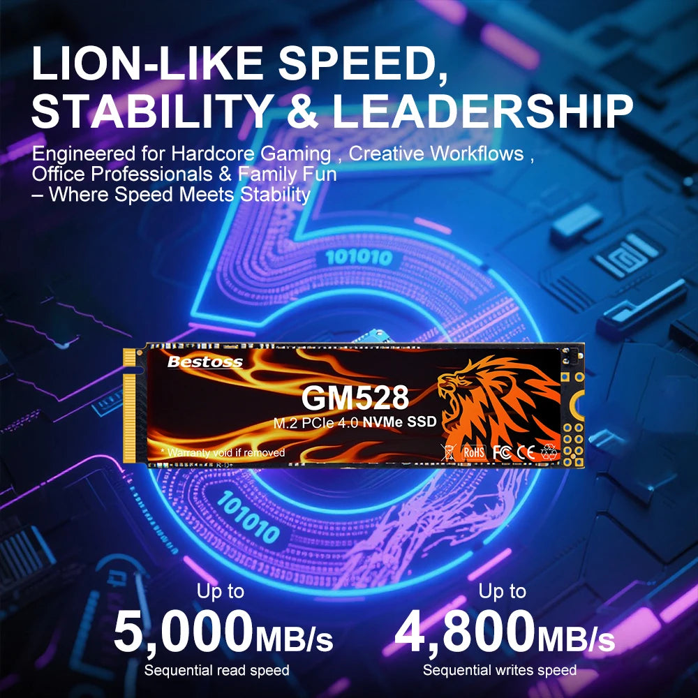 Bestoss SSD NVMe M2 PCIe 1 TB 512 GB 2TB M.2 2280 Hard Drive 5000MB/s Internal Solid State Drive for Diy Gaming Computer Laptop