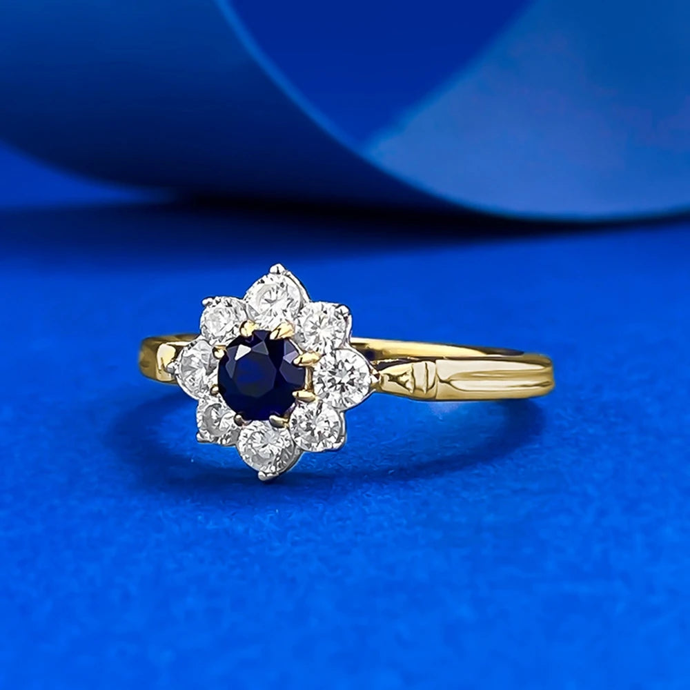 Wong Rain Solid 925 Sterling Silver Round Cut 4 MM Sapphire High Carbon Diamond Gemstone Flower Rings Fine Jewelry Wholesale