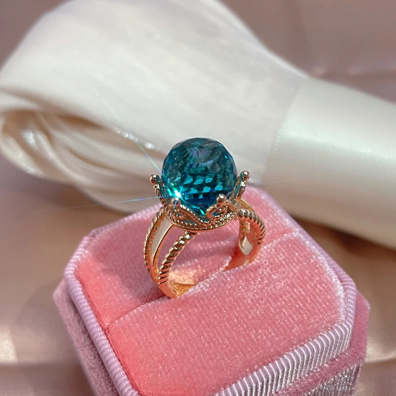 New Unusual 585 Rose Gold Crown Ring for Women Cut Emeral Ball Natural Zircon Ring Elegant Party Wedding Fine Jewelry