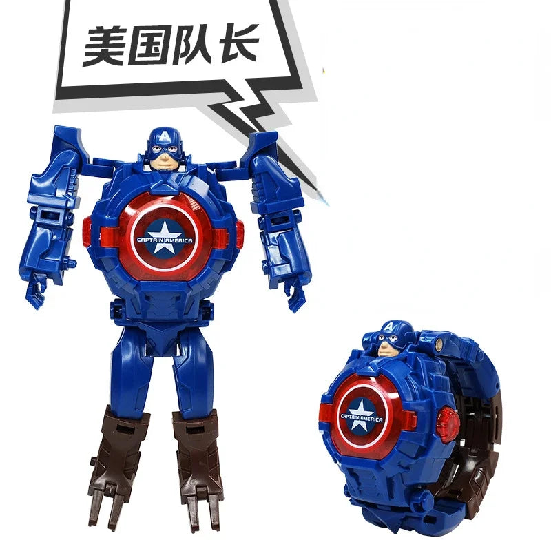 Marvel Iron Man Spiderman Cartoons Children's Watch Deformation Robot 3d LED Luminous Watch Children's Model Toy Watch