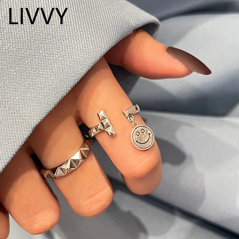 LIVVY Silver Color Creative Open Wide Irregular Rings For Women  INS Fashion Vintage Hip Hop Couples Jewelry Wholesale