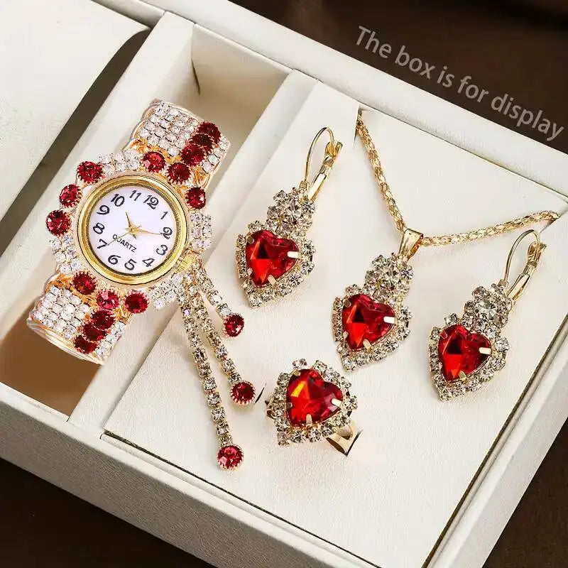 5PCS/Set Luxury Rhinestone Women Watches Fashion Adjustable Bangle Ladies Quartz Wristwatch Jewelry Set Reloj Mujer（Without Box）