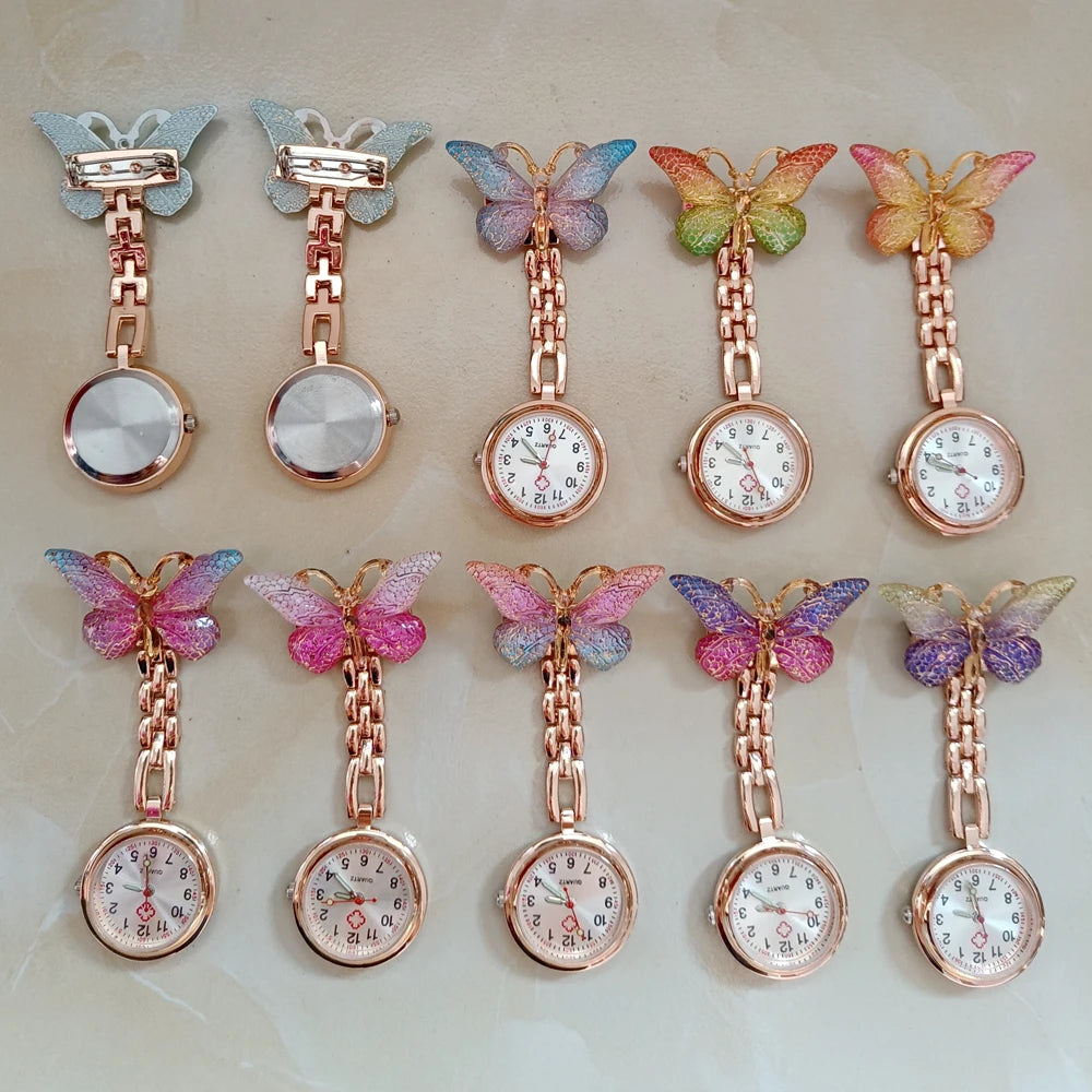 Colourful Resin Butterfly Rose Gold Alloy Small Pins Pocket Watches Nurse Doctor Hospital Medial Transparent Gift Watches Clock