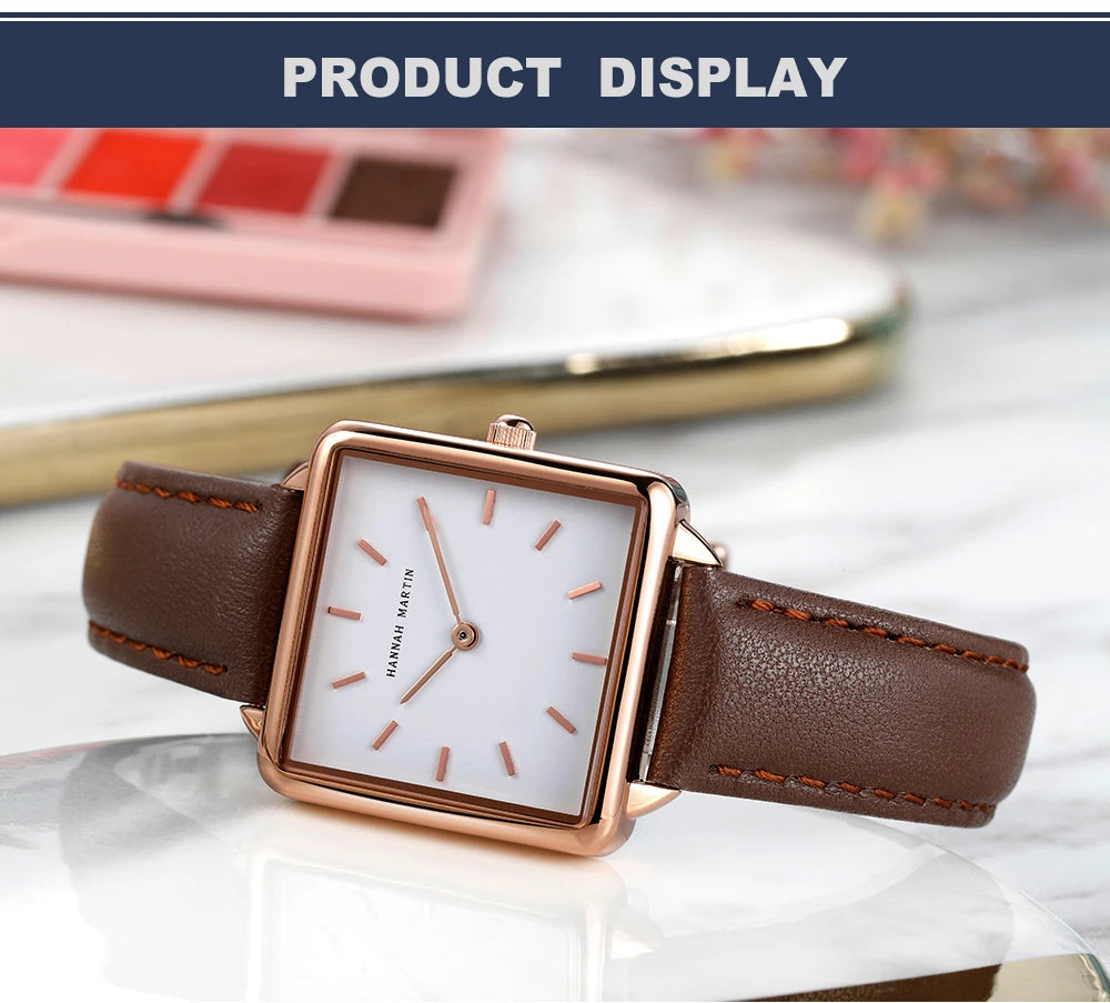 HANNAH MARTIN Brand Women Watch Original Japanese Movement Top Clock Fashion Square Simple Leather Waterproof Quartz Women Watch
