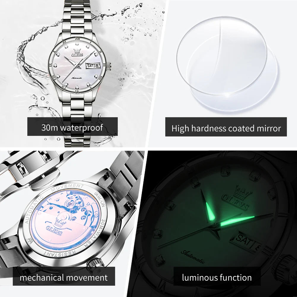 OLEVS 7030 Automatic Watch for Women Luxury Diamond Scale Waterproof Calendar Mechanical Woman Watch Original Ladies Wristwatch