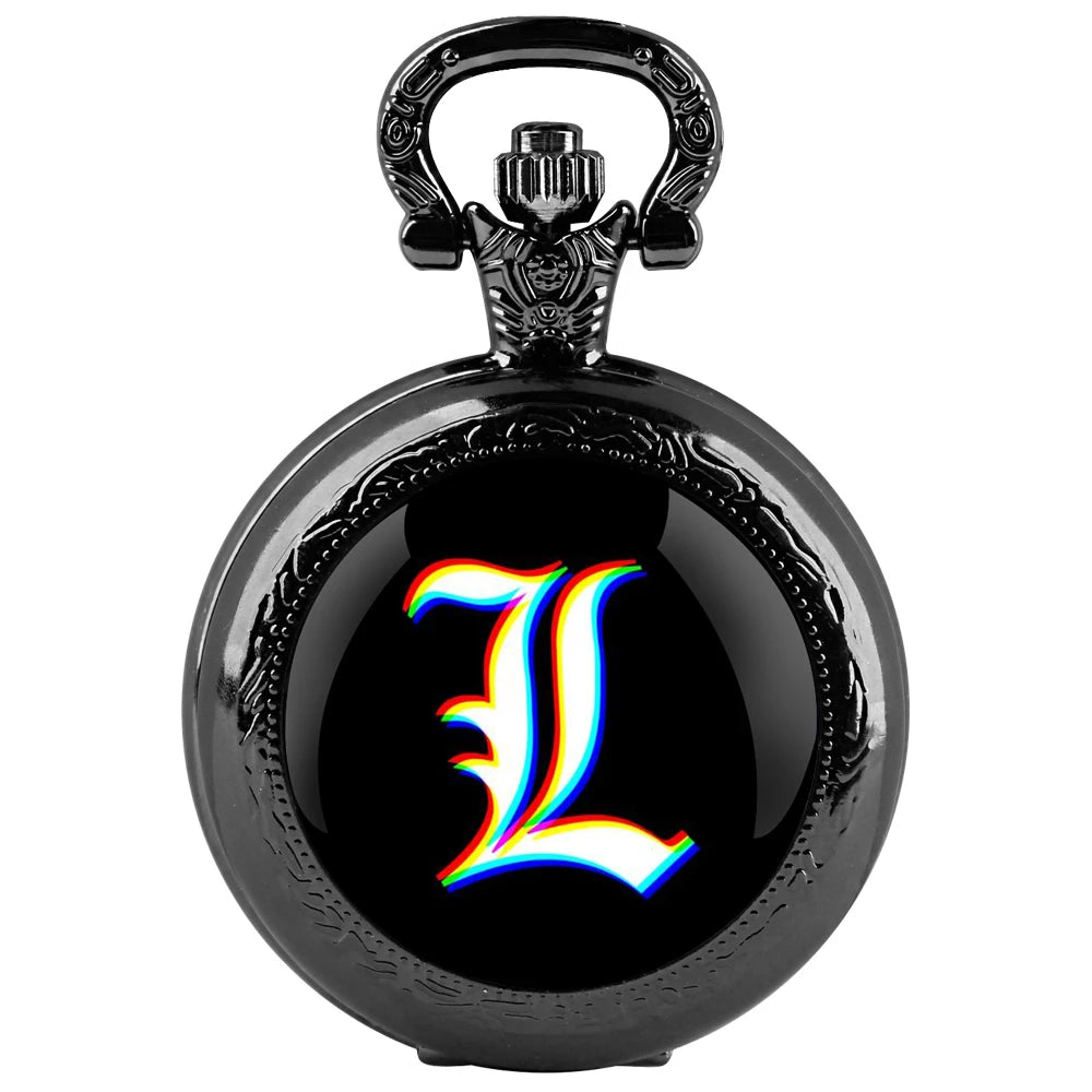 Death Note Design Black Quartz Pocket Watch Gift Set with Durable Chain and Arabic Numeral Face Timeless Present for Boy