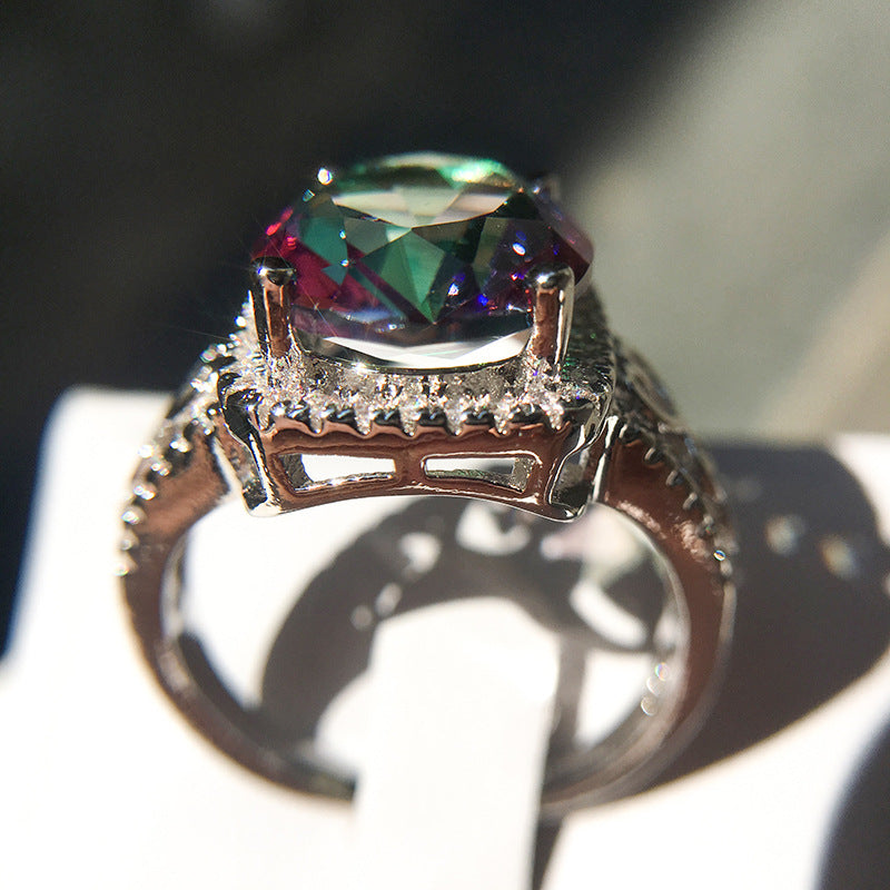 2022 NEW Personality Rainbow Stone Sea Blue Zircon Ring Hot Sale Creative Mosaic Colorful Gem Jewelry Women Men