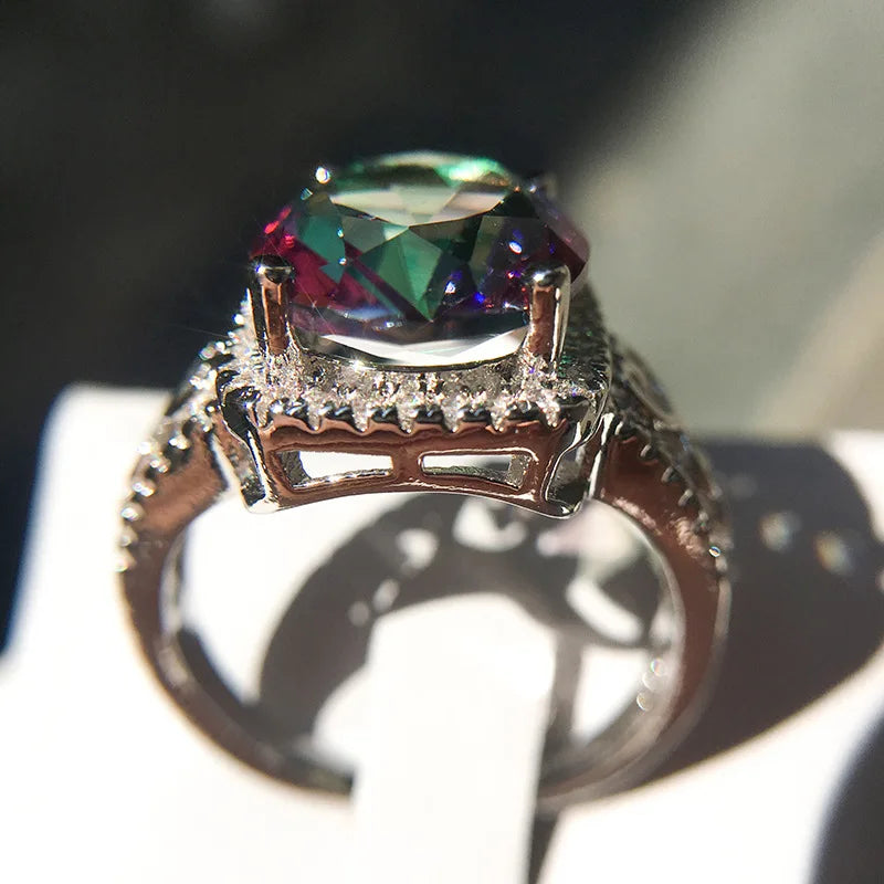2022 NEW Personality Rainbow Stone Sea Blue Zircon Ring Hot Sale Creative Mosaic Colorful Gem Jewelry Women Men