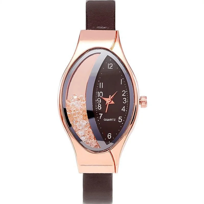 Elegant Women Crystal Oval Dial Quartz Wrist Watches Lady Leather Strap  Casual Watch Gift