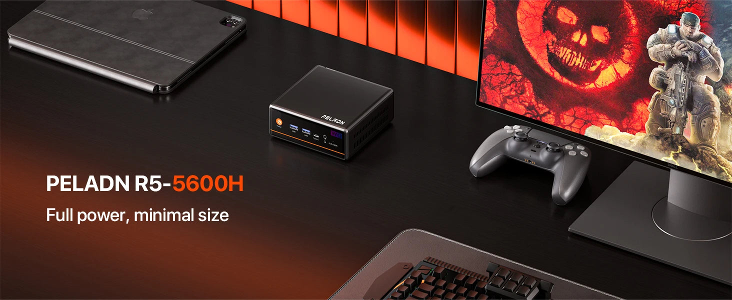 PELADN WO-4 Gaming Mini PC, AMD Ryzen 5 5600H (6C/12T, up to 4.2Ghz),32GB DDR4/1TB SSD,Type-C/DP/HD,WiFi6 4K/60Hz Triple-Display