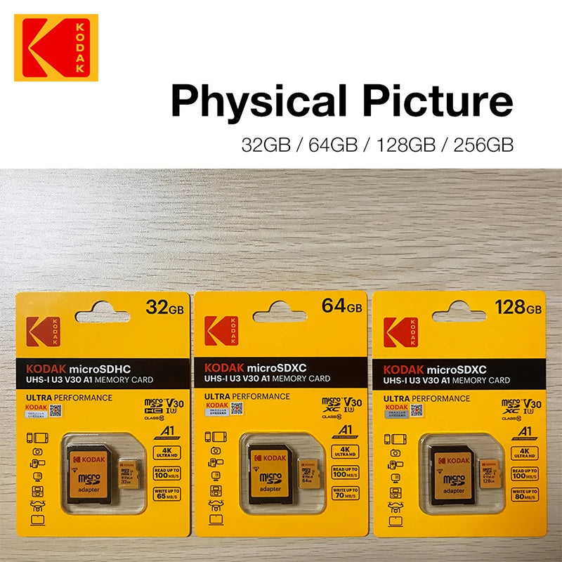 Original Kodak Micro SD Card 256GB 128GB 64GB 256GB 32GB High Speed Memory Card U3 A1 V30 Class 10 SD TF Card For adapter