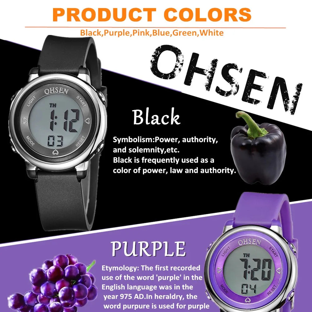 OHSEN Women Watches Digital LCD Watch Black Silicone Strap Kids Children Waterproof Wristwatch Sport Electronic relogio feminino