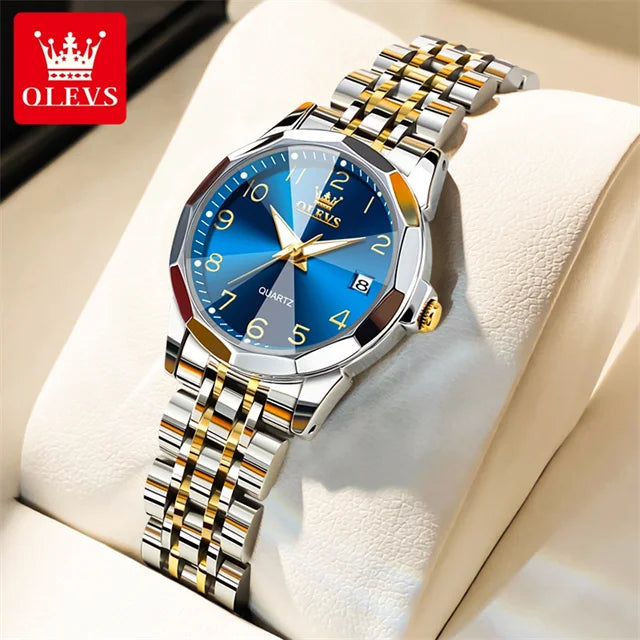OLEVS 9970 Luxury Couple Watch Men Women Stainless Steel Waterproof Calendar Wristwatch Digital Dial Rhombus Mirror Lovers Watch