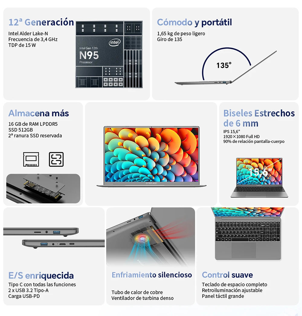 TECLAST F16 Pro 15.6 inch Laptop 16GB RAM 512GB SSD Computers for Intel N95 CPU 1920x1080 IPS Backlit Keyboard Mini-HDMI WiFi 6 USB3.2 F16Pro Notebook