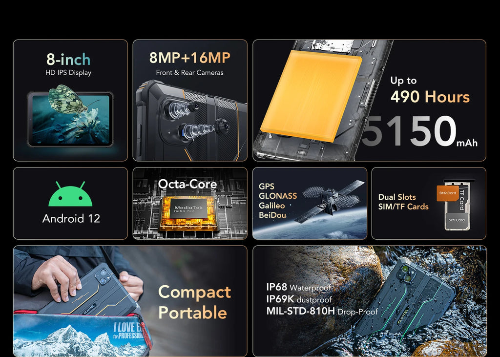 Oukitel RT3 Rugged Tablet 8 Inch HD+ 5150 mAh 4GB+64GB Android 12 Mtk Helio P22 16MP Camera Pad