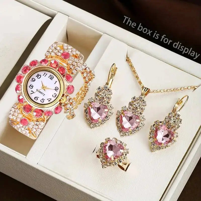 5PCS/Set Luxury Rhinestone Women Watches Fashion Adjustable Bangle Ladies Quartz Wristwatch Jewelry Set Reloj Mujer（Without Box）