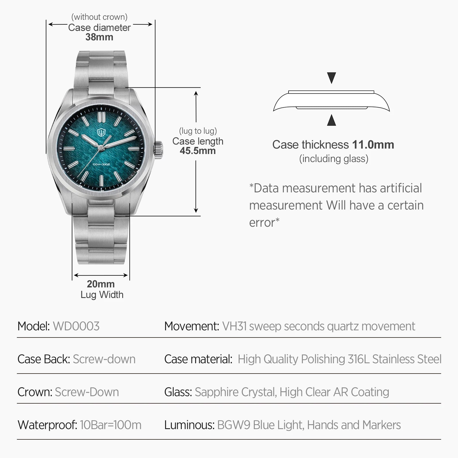 Watchdives WD0003B 36mm Quartz Men Watch VH31 Sweep Seconds Movement Stainless Steel Watches Luminous Waterproof Sapphire