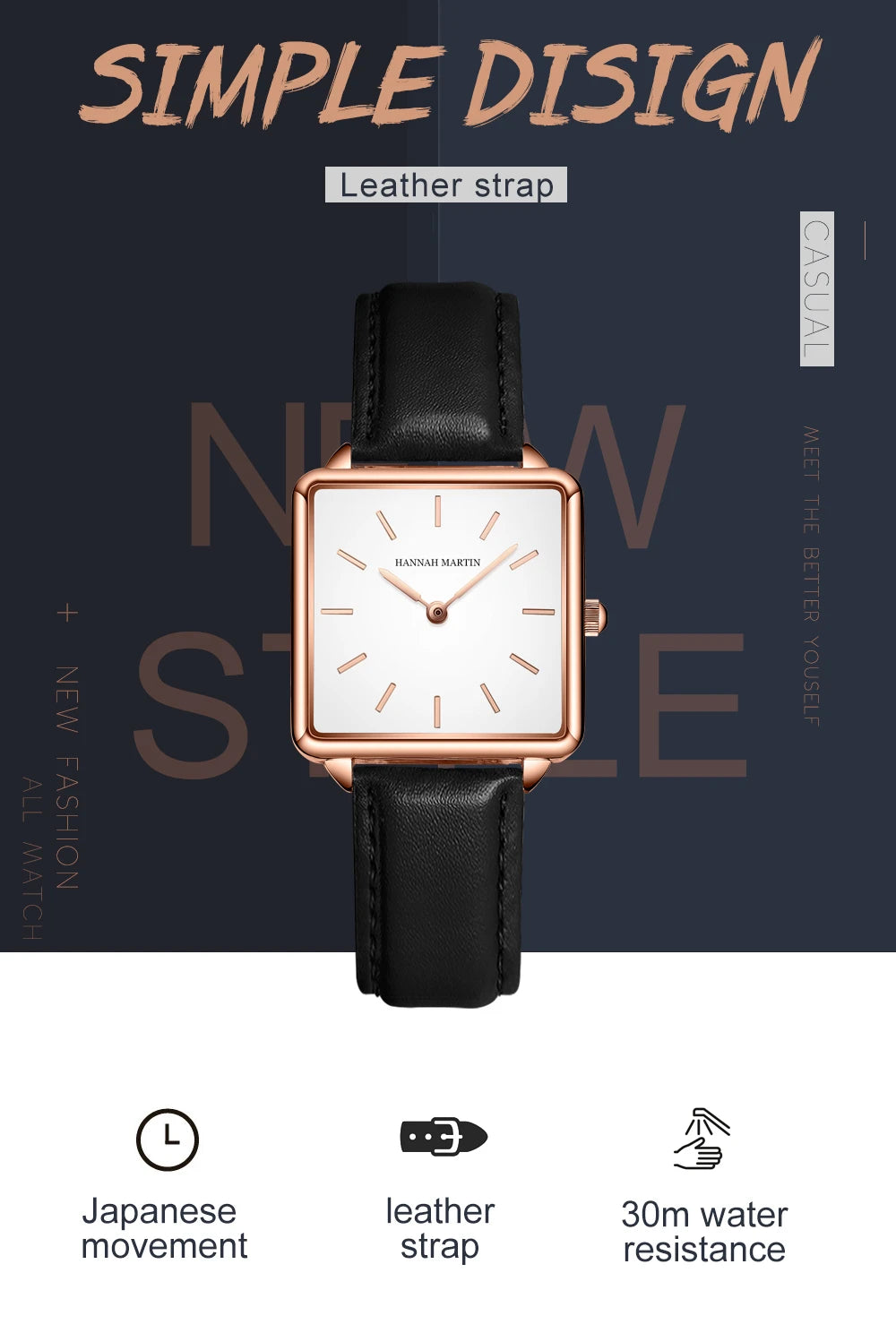 HANNAH MARTIN Brand Women Watch Original Japanese Movement Top Clock Fashion Square Simple Leather Waterproof Quartz Women Watch