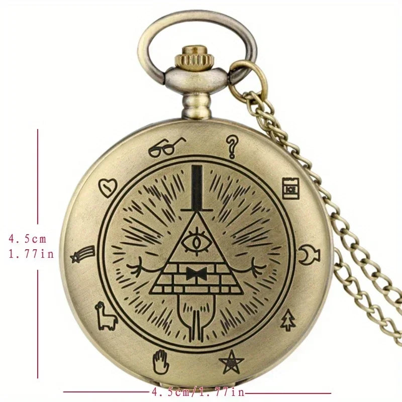 Vintage Bronze Bill Cipher Quartz Pocket Watch Pendant Necklace - Perfect Gift for Women!