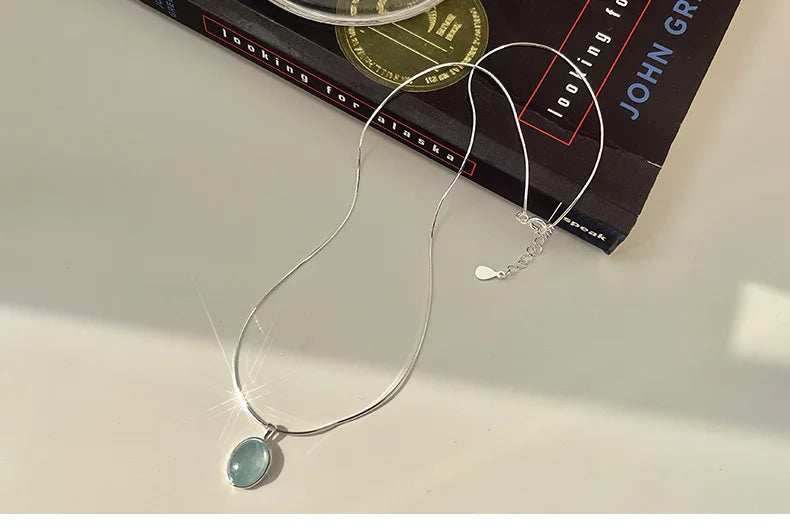 CHOZON S925 Sterling Silver Natural Moonstone Aquamarine Necklace New Product Unique Design Oval Natural Stone Snake Bone Chain
