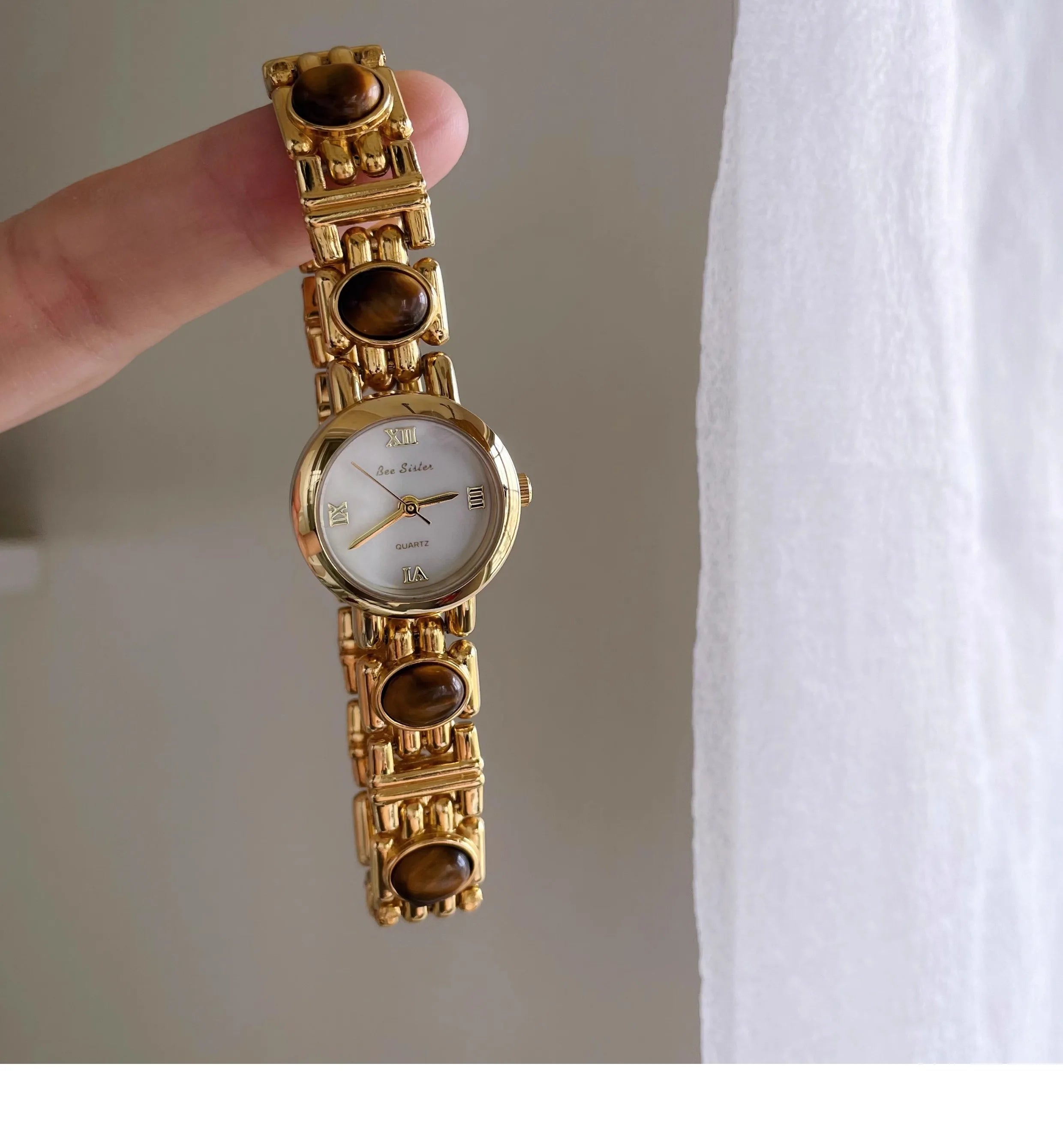 NEW Elegant Retro Watch Women Natural Brown Gemstone Jade Waterproof Round Dial Quartz Watch Female Bracelet Accessories Gift