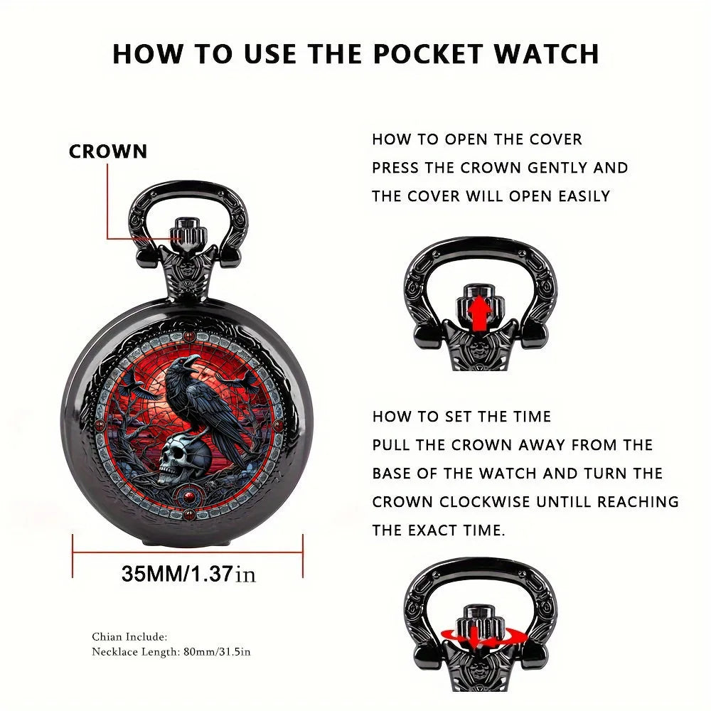 Vintage-Style Crow Skull Exquisite Pocket Watch - Quartz Movement, Round Dial, Unique Black Necklace Souvenir Gift For Children