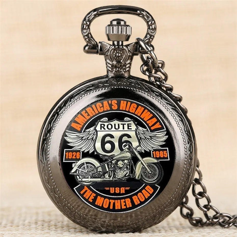 The Mother Road Route 66 Pocket Watch Cool Black Motorbike Clock Elegant Exquisite Pendant With Necklace Chain Relogio Best Gift