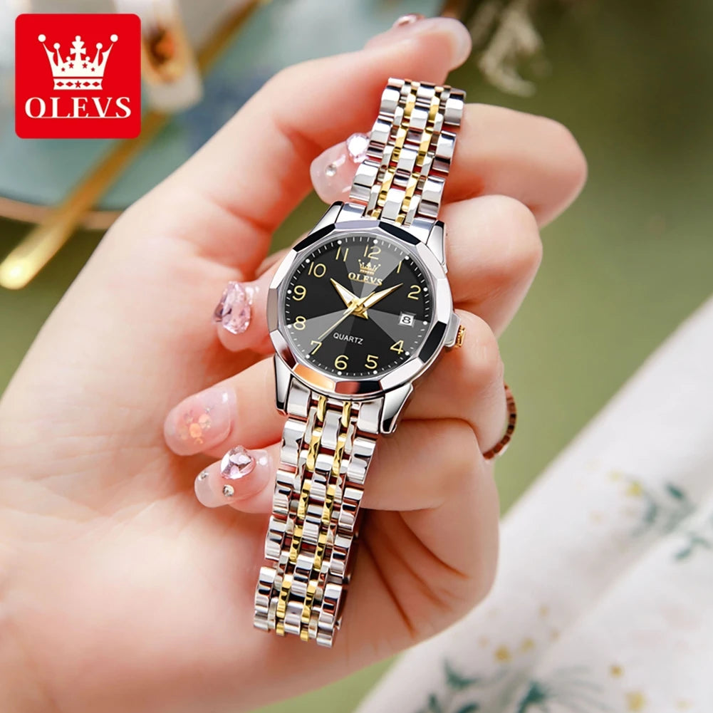 OLEVS 9970 Couple Watch For Men Women Luxury Number Dial Rhombus Mirror Quartz Hand Clock Stainless Steel Original Dress Watches