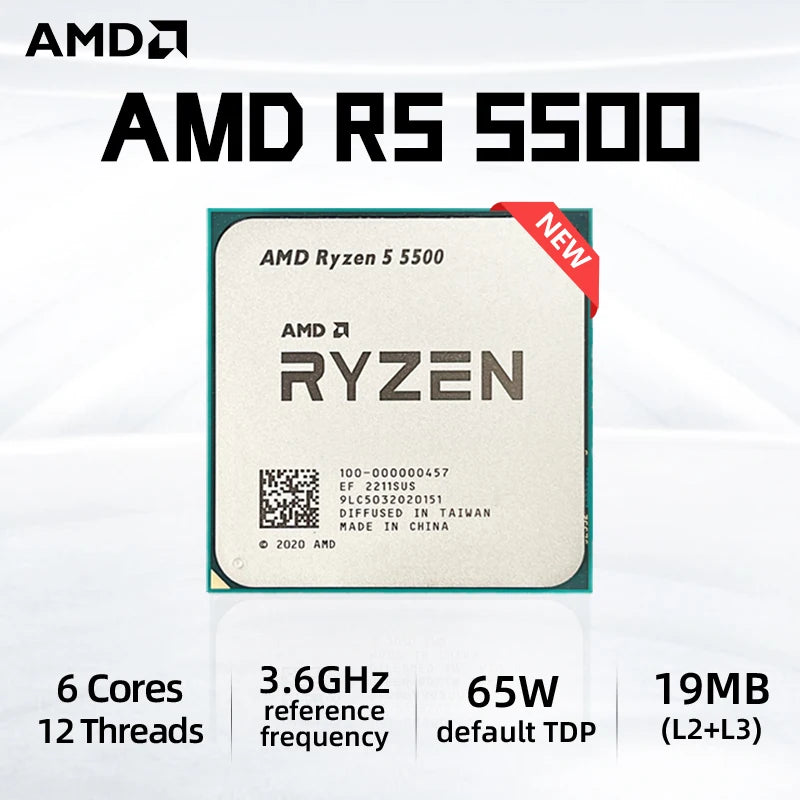 New AMD R5 5500 Ryzen 5 5500 3.6 GHz 6-Core 12-Thread CPU Processor 7NM L3=16M 100-000000457 Socket AM4 New but without cooler