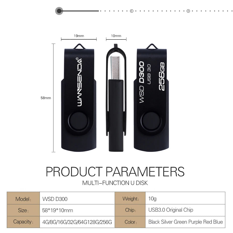 WANSENDA USB Flash Drive 3.0 Pen Drive 256GB 128GB 64GB 32GB 16GB 8GB 4GB Rotating Design Memory Stick Pendrive Cle USB Stick