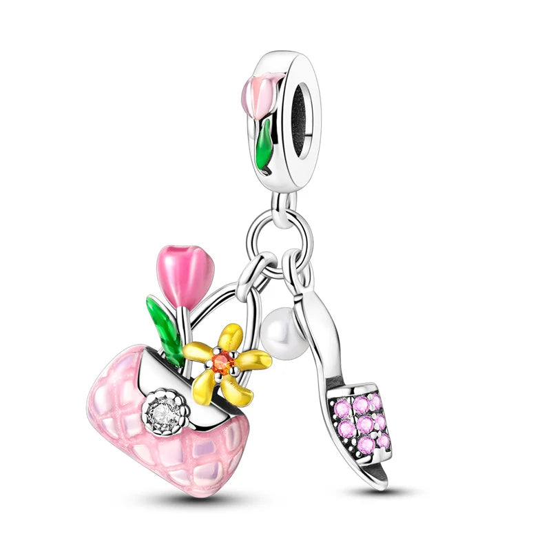 New 925 sterling silver pink green blue flower teapot and teacup bead pendant suitable for original charm bracelet