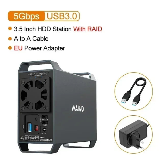 MAIWO 3.5" Dual Bay SATA HDD Hard Drive Enclosure with Cooling Fan for 4 Raid Modes USB 3.0 5Gbps 48TB Capacity Aluminum Alloy