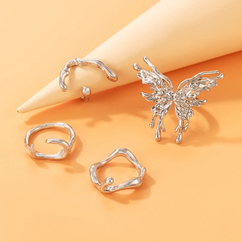 Tocona INS Big Butterfly Joint Ring Sets for Women Silver Color Geometry Alloy Metal Opening Ring Party Jewelry Anillo 22381