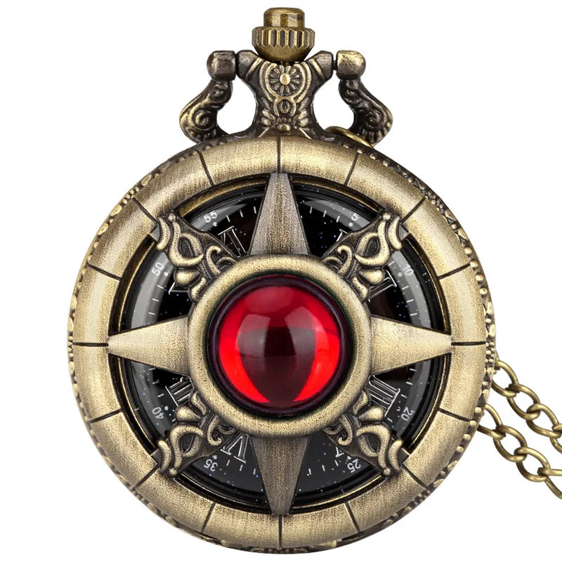 Exquisite Emerald-green Stone Bronze Case Quartz Pocket Watch Simple White Dial Chain Clock Necklace Pendant Watch for Men Women