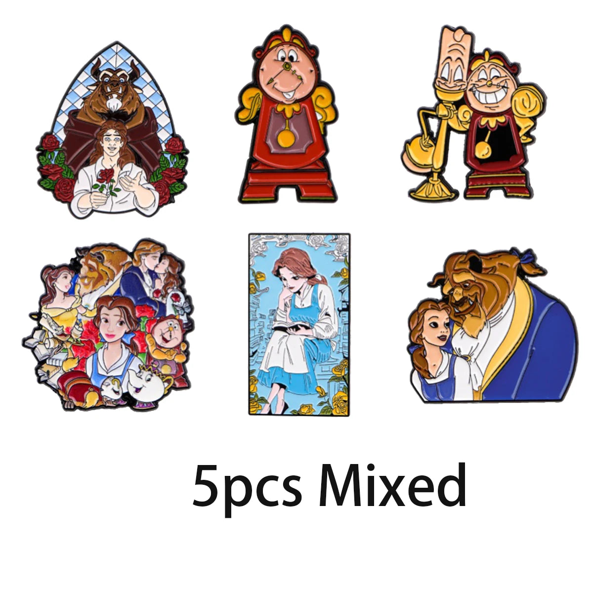 1-5pcs Mixed Cartoon Beauty and Beast Enamel Brooch Lapel Pin Badge on Backpack Costume Accessories Fashion Jewelry Gifts
