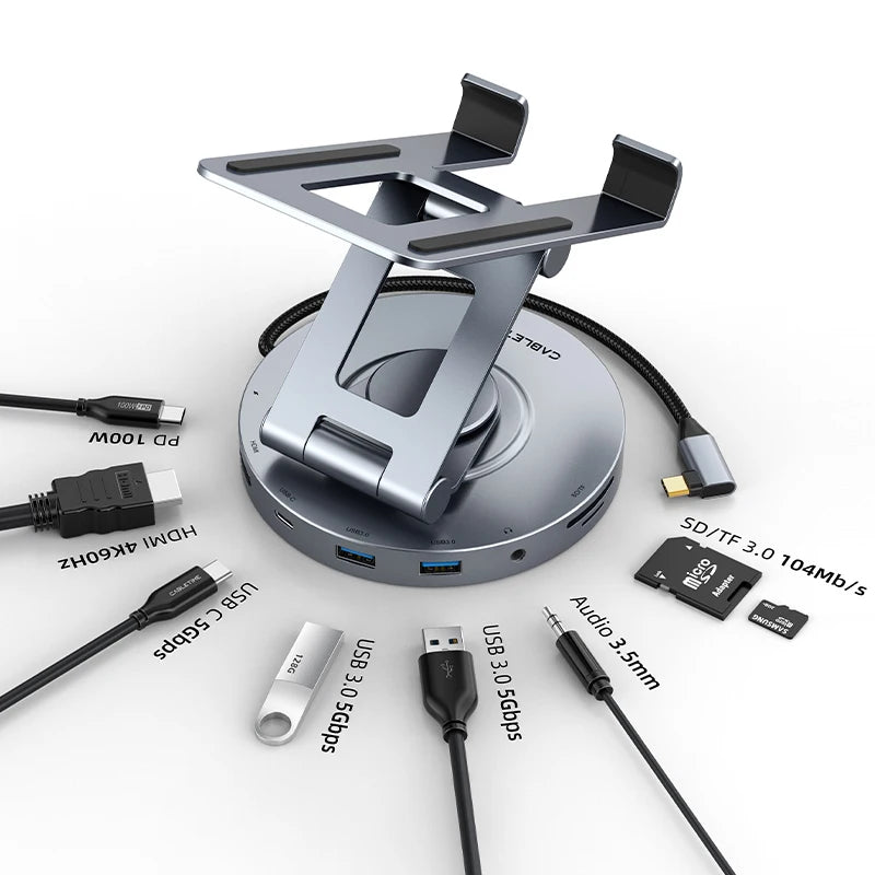 CABLETIME 8 in 1 Multi USB C Hub with 360 Rotating Stand HDMI 4K 60Hz PD 100W USB 5Gbps SD TF Aux 3.5mm for iPad Pro Tablet C441