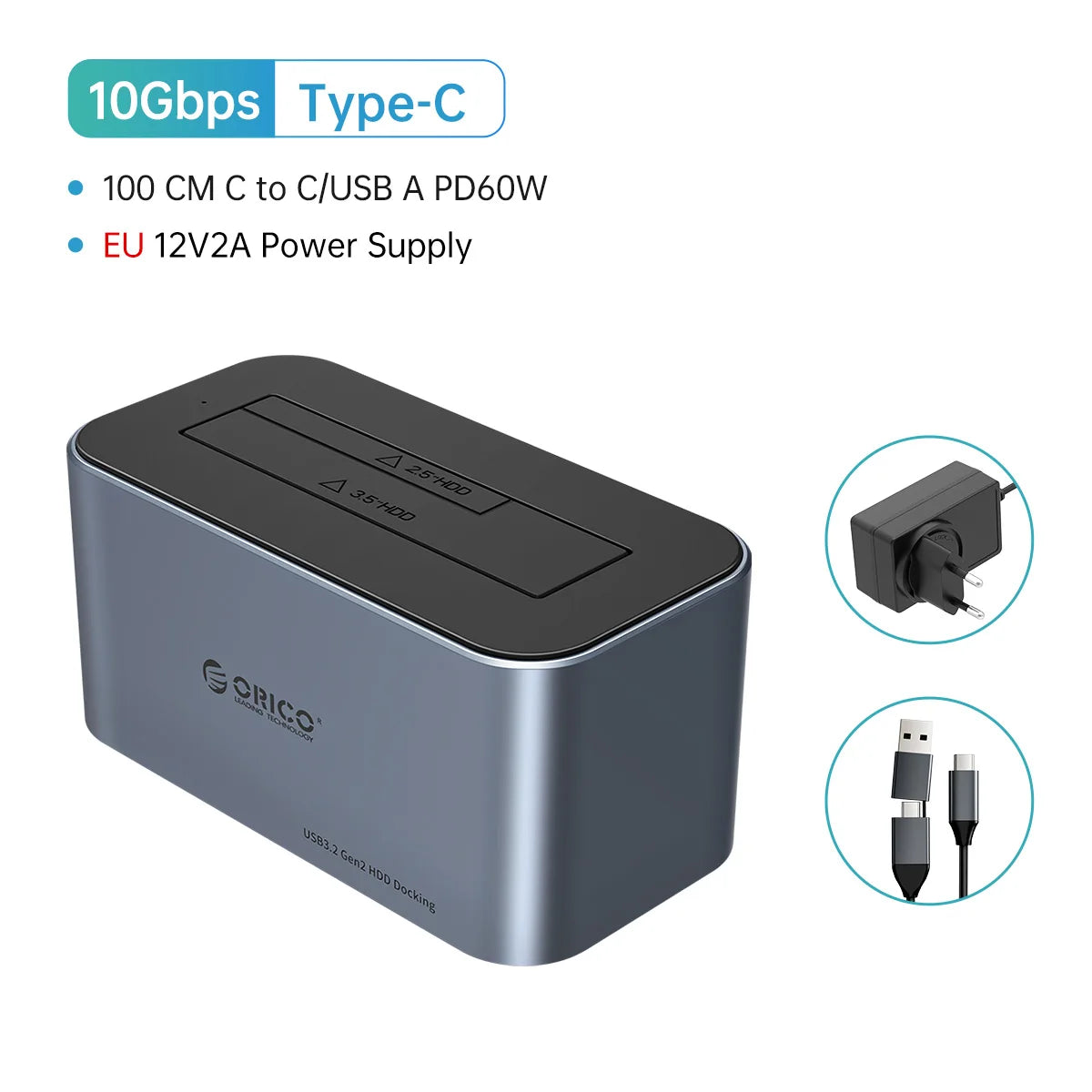 ORICO 3.5 Inch Dual-bay Type-C 5Gbps Hard Drive Docking Station for 2.5/3.5" HDD/SSD with 12V3A Power UASP Container Design