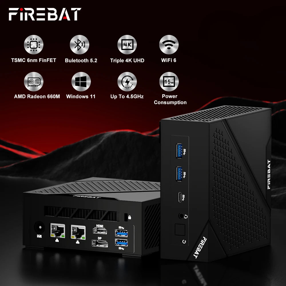 FIREBAT AM02 MINI-PC AMD Ryzen 5 6600H DDR5 16GB RAM 512GB 1TB SSD WIFI6 BT5.2 Portable Desktop MINI-PC Gaming Computer 4K@60hz